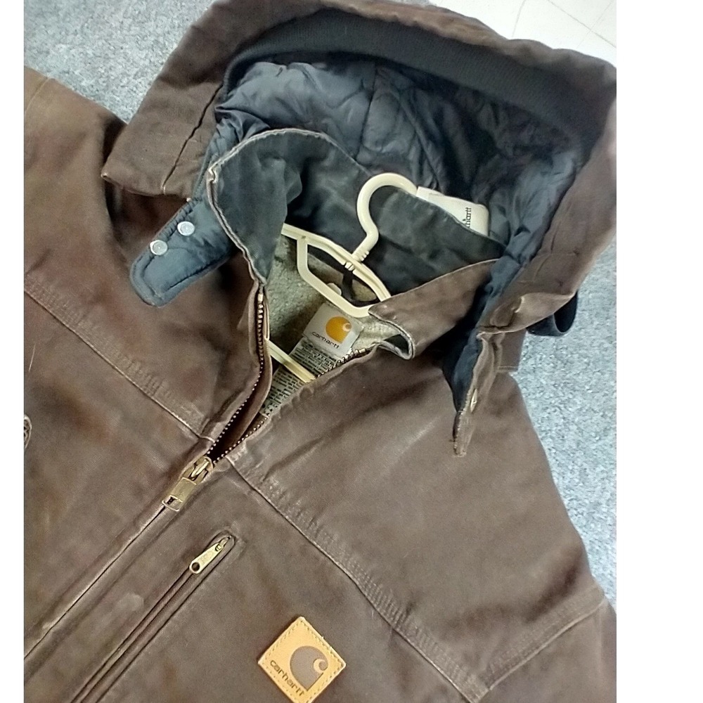 Carhartt Hooded Work Jacket Mens XL Brown Fleece Lined Canvas Coat